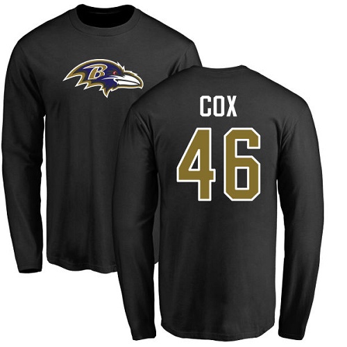 Men Baltimore Ravens Black Morgan Cox Name and Number Logo NFL Football #46 Long Sleeve T Shirt